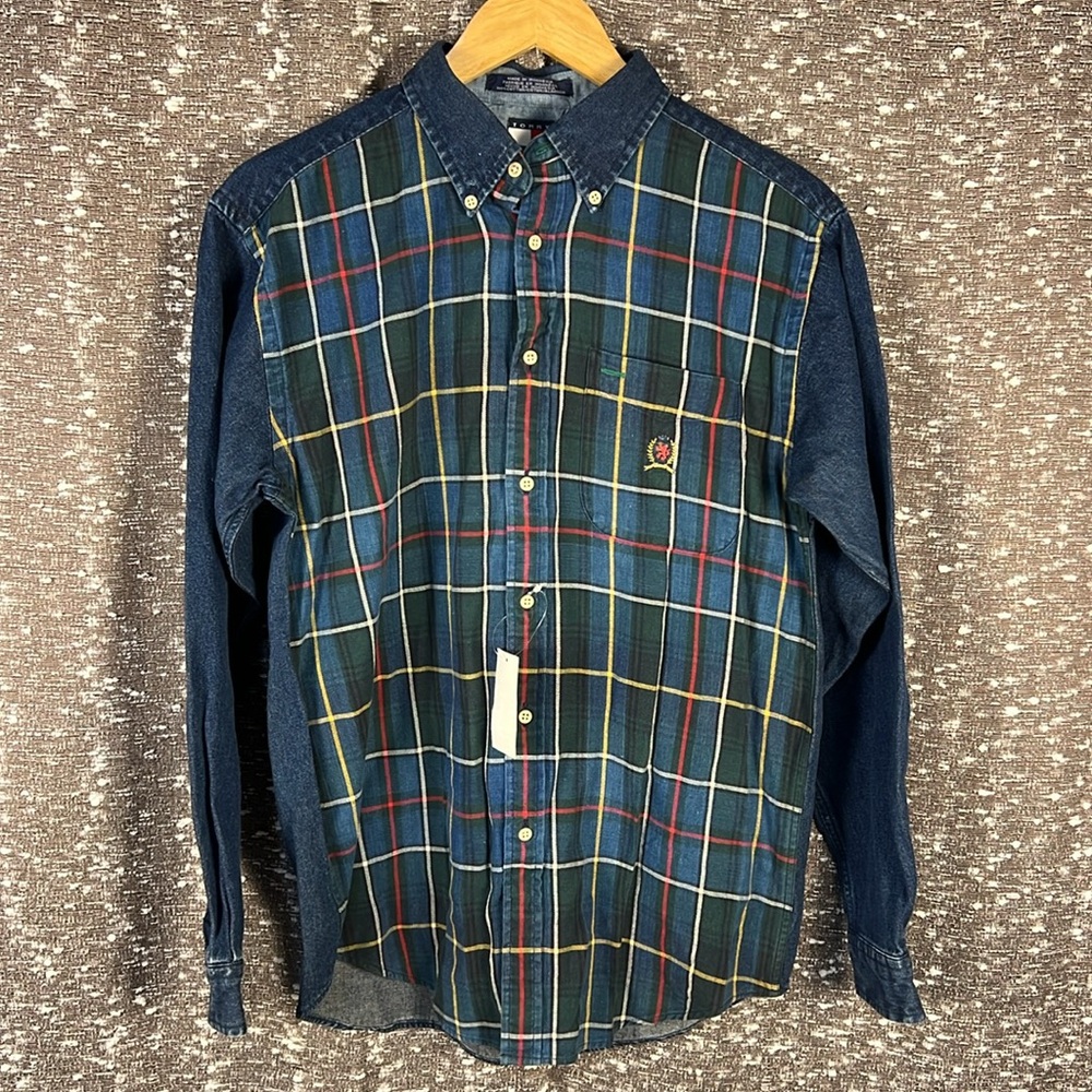 Tommy Hilfiger Shirt Plaid Flannel with Denim Sleeves‎ Crest Logo  Button Down